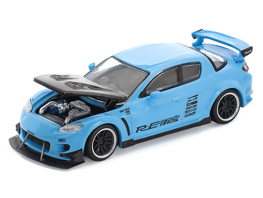 Mazda RX8 RE-Amemiya Widebody RHD (Right Hand Drive) Light Blue with Carbon Hood 1/64 Diecast Model Car by Pop Race LuxuryLifeWay Online Store