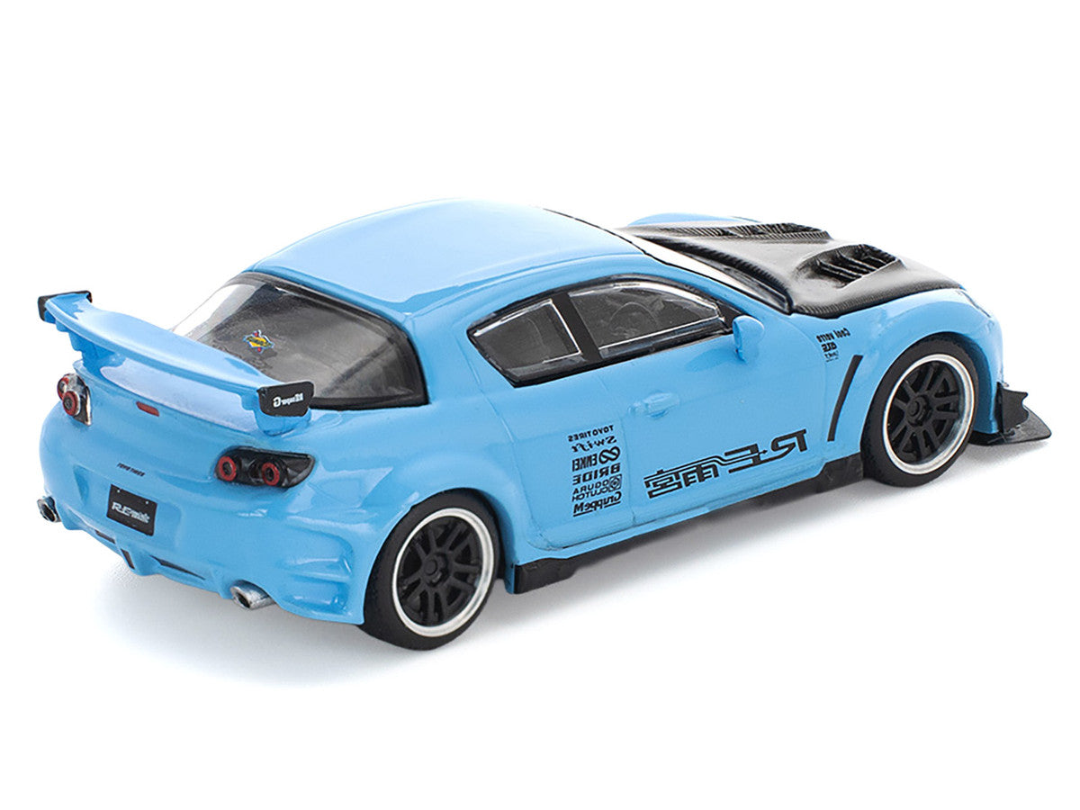 Mazda RX8 RE-Amemiya Widebody RHD (Right Hand Drive) Light Blue with Carbon Hood 1/64 Diecast Model Car by Pop Race LuxuryLifeWay Online Store