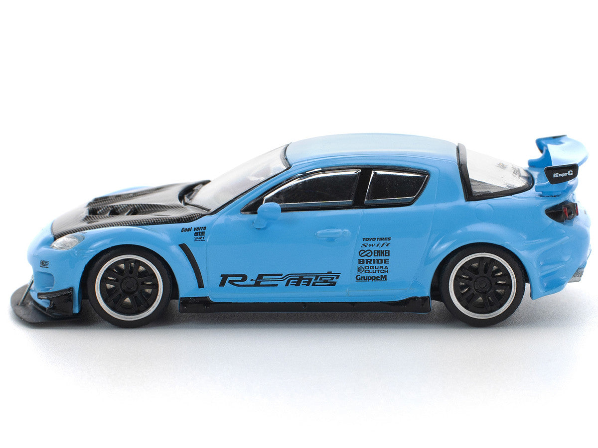 Mazda RX8 RE-Amemiya Widebody RHD (Right Hand Drive) Light Blue with Carbon Hood 1/64 Diecast Model Car by Pop Race LuxuryLifeWay Online Store