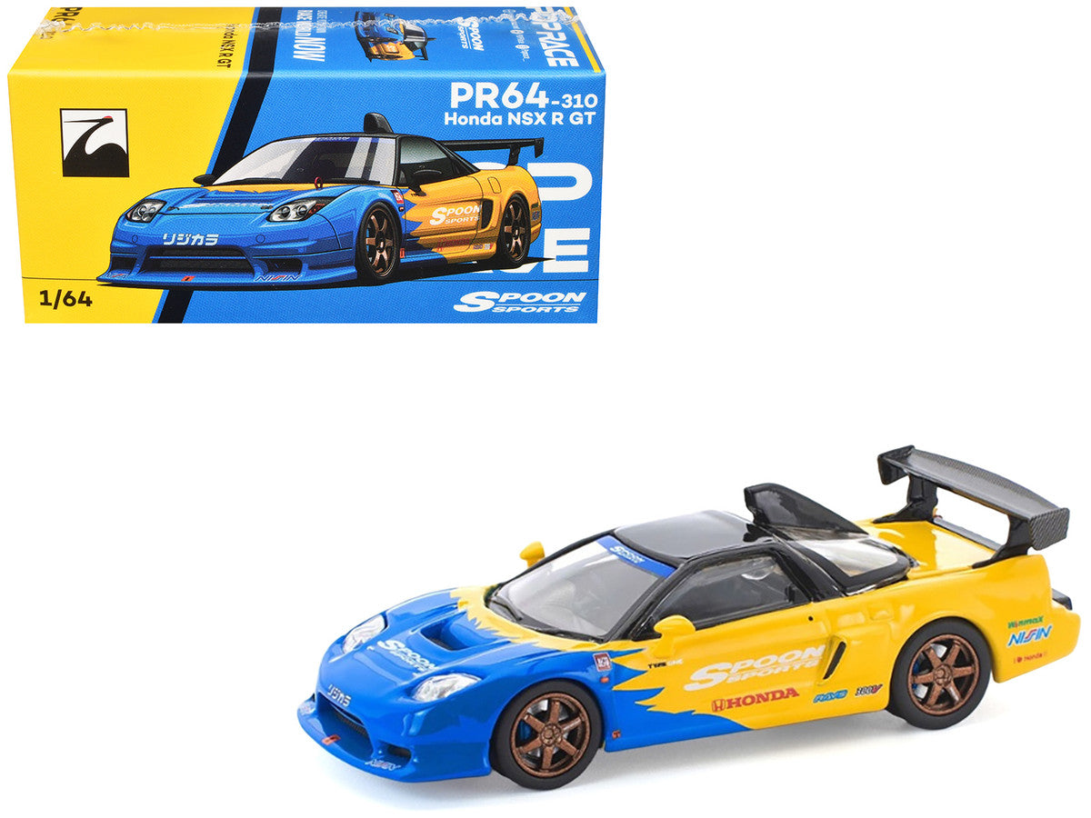 Honda NSX-R GT RHD (Right Hand Drive) "Spoon Sports" Blue and Yellow with Black Top 1/64 Diecast Model Car by Pop Race LuxuryLifeWay Online Store
