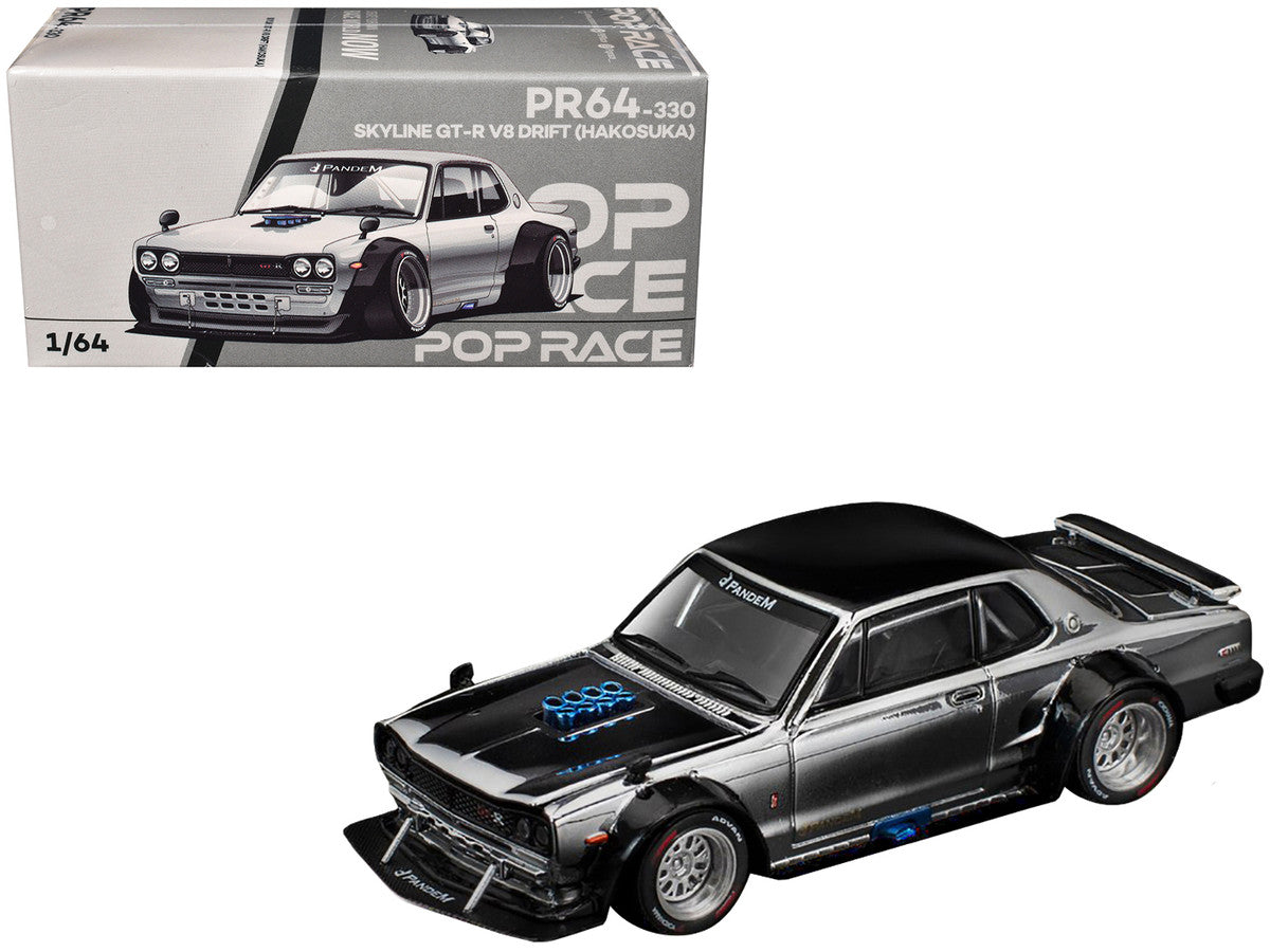 Skyline GT-R V8 Drift "Hakosuka" RHD (Right Hand Drive) Silver Chrome with Black Hood and Top 1/64 Diecast Model Car by Pop Race LuxuryLifeWay Online Store