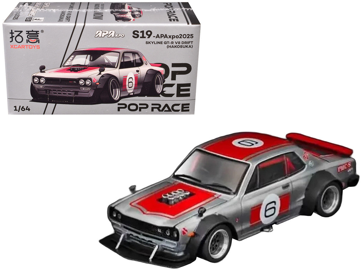 Skyline GT-R V8 Drift "Hakosuka" RHD (Right Hand Drive) #6 Silver Metallic with Red Stripes "APA XPO 2025 Exclusive" 1/64 Diecast Model Car by Pop Race LuxuryLifeWay Online Store