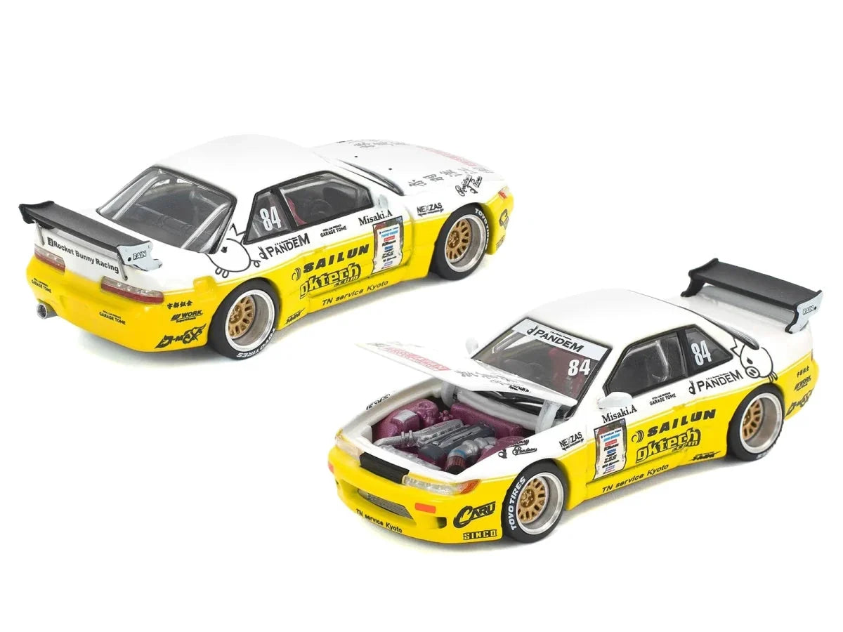 Pandem S13 RHD (Right Hand Drive) #84 White and Yellow with Graphics 1/64 Diecast Model Car by Pop Race LuxuryLifeWay Online Store