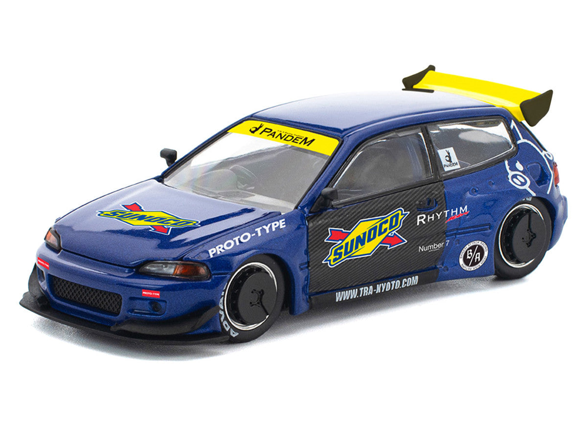 Pandem Civic EG6 RHD (Right Hand Drive) "Sunoco" Blue Metallic with Yellow Accents 1/64 Diecast Model Car by Pop Race LuxuryLifeWay Online Store