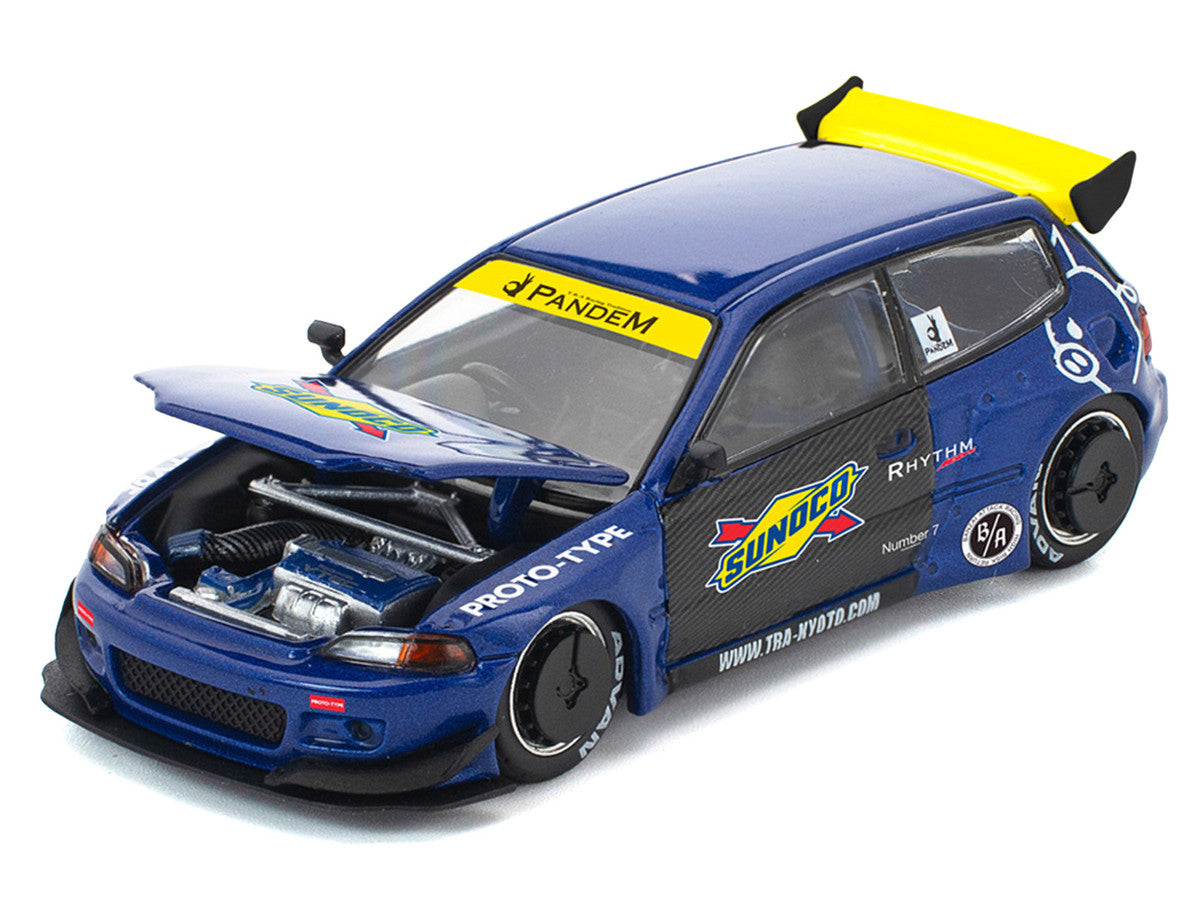 Pandem Civic EG6 RHD (Right Hand Drive) "Sunoco" Blue Metallic with Yellow Accents 1/64 Diecast Model Car by Pop Race LuxuryLifeWay Online Store
