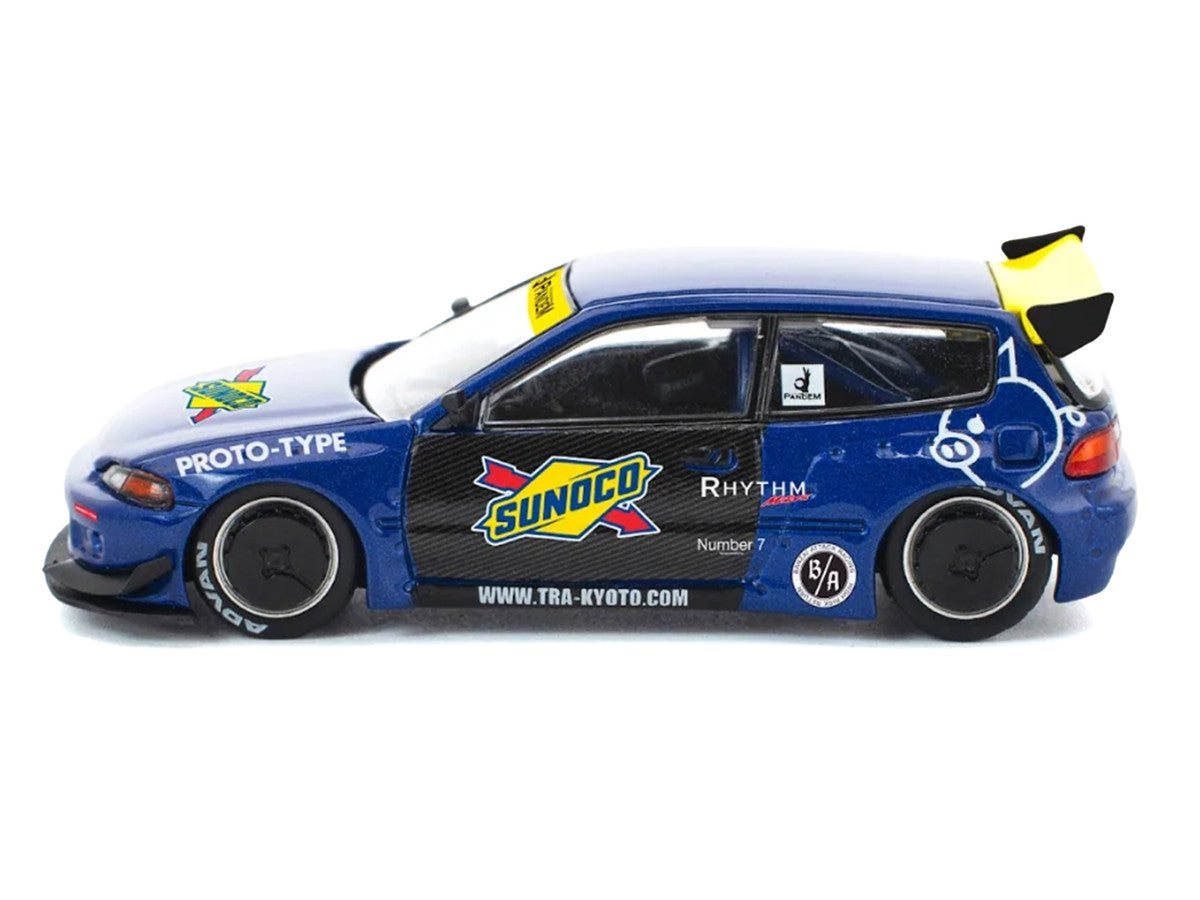 Pandem Civic EG6 RHD (Right Hand Drive) "Sunoco" Blue Metallic with Yellow Accents 1/64 Diecast Model Car by Pop Race LuxuryLifeWay Online Store