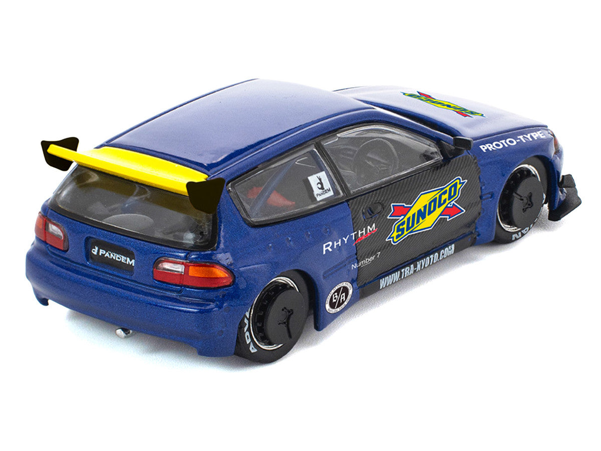 Pandem Civic EG6 RHD (Right Hand Drive) "Sunoco" Blue Metallic with Yellow Accents 1/64 Diecast Model Car by Pop Race LuxuryLifeWay Online Store