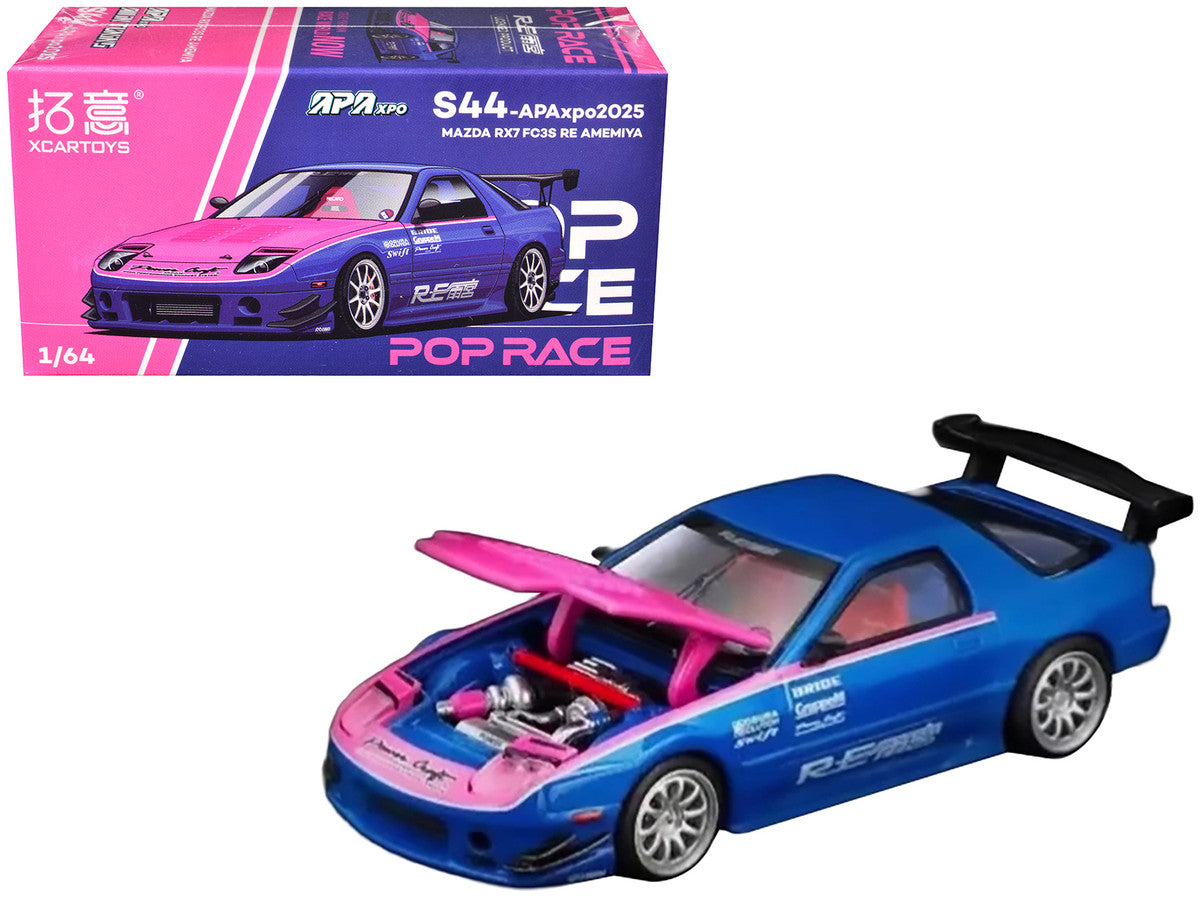 Mazda RX7 (FC3S) RE Amemiya RHD (Right Hand Drive) Blue Metallic with Pink Hood "APA XPO 2025 Exclusive" 1/64 Diecast Model Car by Pop Race LuxuryLifeWay Online Store