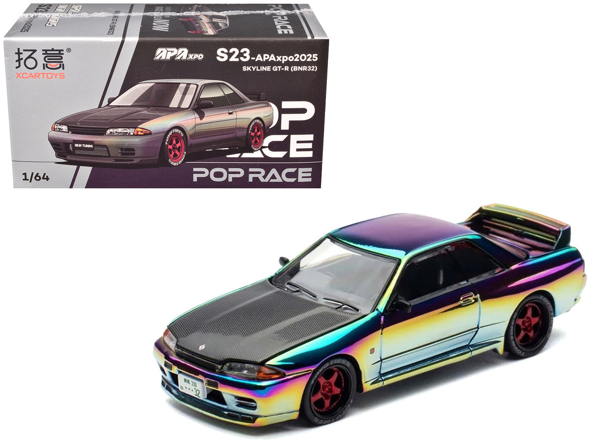 Skyline GT-R (BNR32) RHD (Right Hand Drive) Chameleon Chrome with Carbon Hood "APA XPO 2025 Exclusive 1/64 Diecast Model Car by Pop Race LuxuryLifeWay Online Store