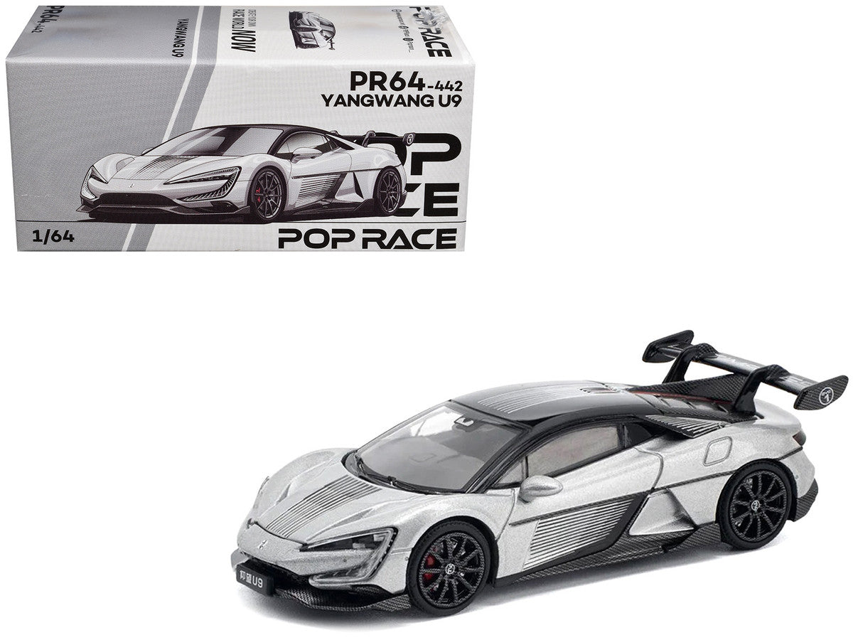 Yangwang U9 Silver Metallic with Black Top and Stripes 1/64 Diecast Model Car by Pop Race LuxuryLifeWay Online Store