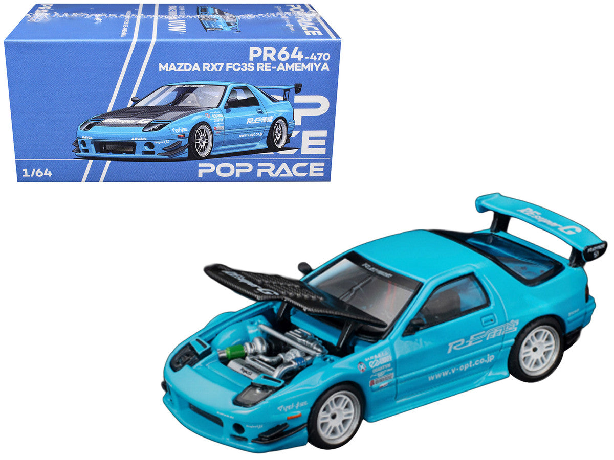 Mazda RX7 (FC3S) RE Amemiya RHD (Right Hand Drive) Light Blue with Carbon Hood "Tokyo Auto Salon 2026" 1/64 Diecast Model Car by Pop Race LuxuryLifeWay Online Store