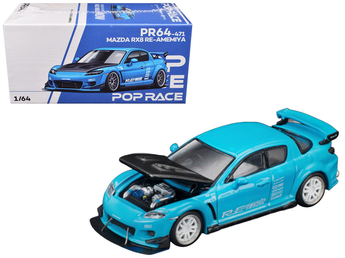 Mazda RX8 RE Amemiya RHD (Right Hand Drive) Light Blue with Carbon Hood "Tokyo Auto Salon 2026" 1/64 Diecast Model Car by Pop Race LuxuryLifeWay Online Store