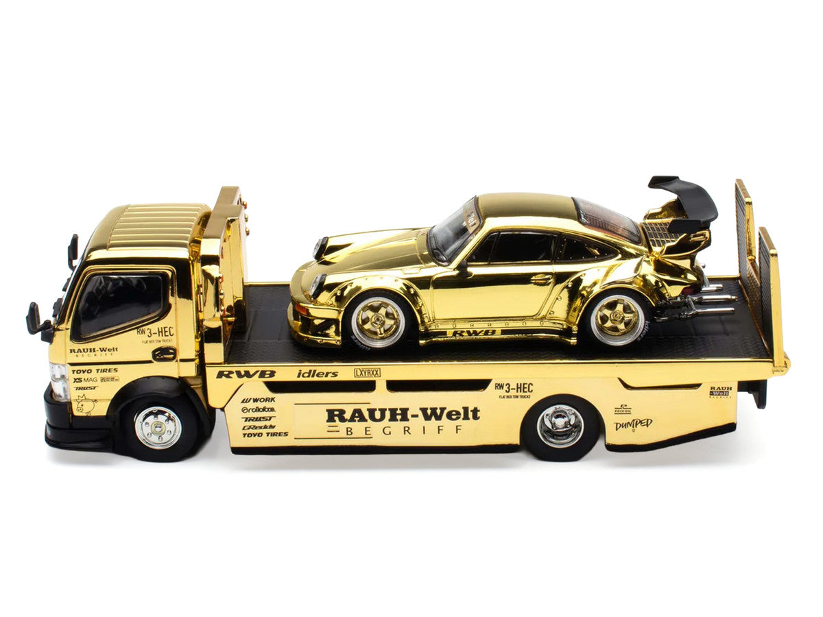 Nissan Pandem Fuso-300 Flatbed Truck RHD (Right Hand Drive) Gold Chrome and RWB 930 Gold Chrome with Graphics 2 Car Box Set "Hobby Expo China 2026" 1/64 Diecast Model Car by Pop Race LuxuryLifeWay Online Store