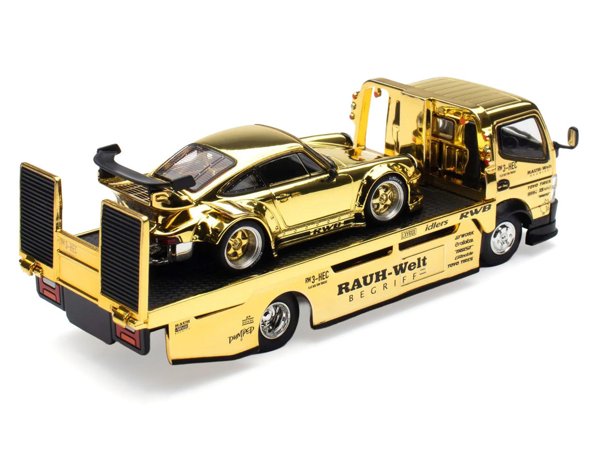 Nissan Pandem Fuso-300 Flatbed Truck RHD (Right Hand Drive) Gold Chrome and RWB 930 Gold Chrome with Graphics 2 Car Box Set "Hobby Expo China 2026" 1/64 Diecast Model Car by Pop Race LuxuryLifeWay Online Store