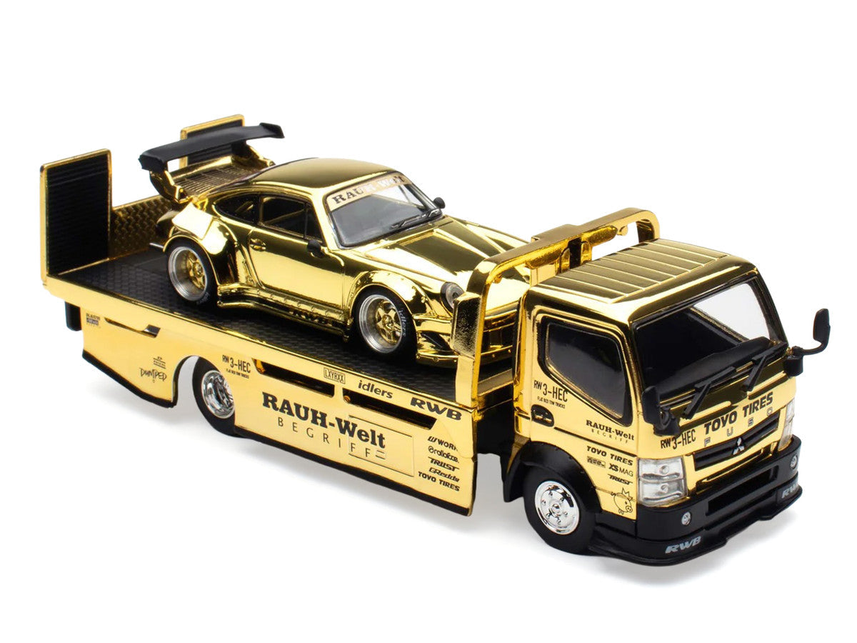 Nissan Pandem Fuso-300 Flatbed Truck RHD (Right Hand Drive) Gold Chrome and RWB 930 Gold Chrome with Graphics 2 Car Box Set "Hobby Expo China 2026" 1/64 Diecast Model Car by Pop Race LuxuryLifeWay Online Store