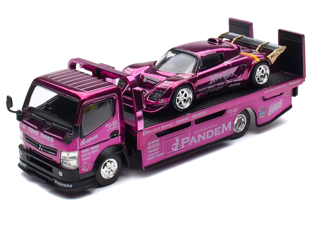 Nissan Pandem Fuso-300 Flatbed Truck RHD (Right Hand Drive) Purple Chrome and Lotus Pandem Elise Purple Chrome with Graphics 2 Car Box Set "Hobby Expo China 2026" 1/64 Diecast Model Car by Pop Race LuxuryLifeWay Online Store