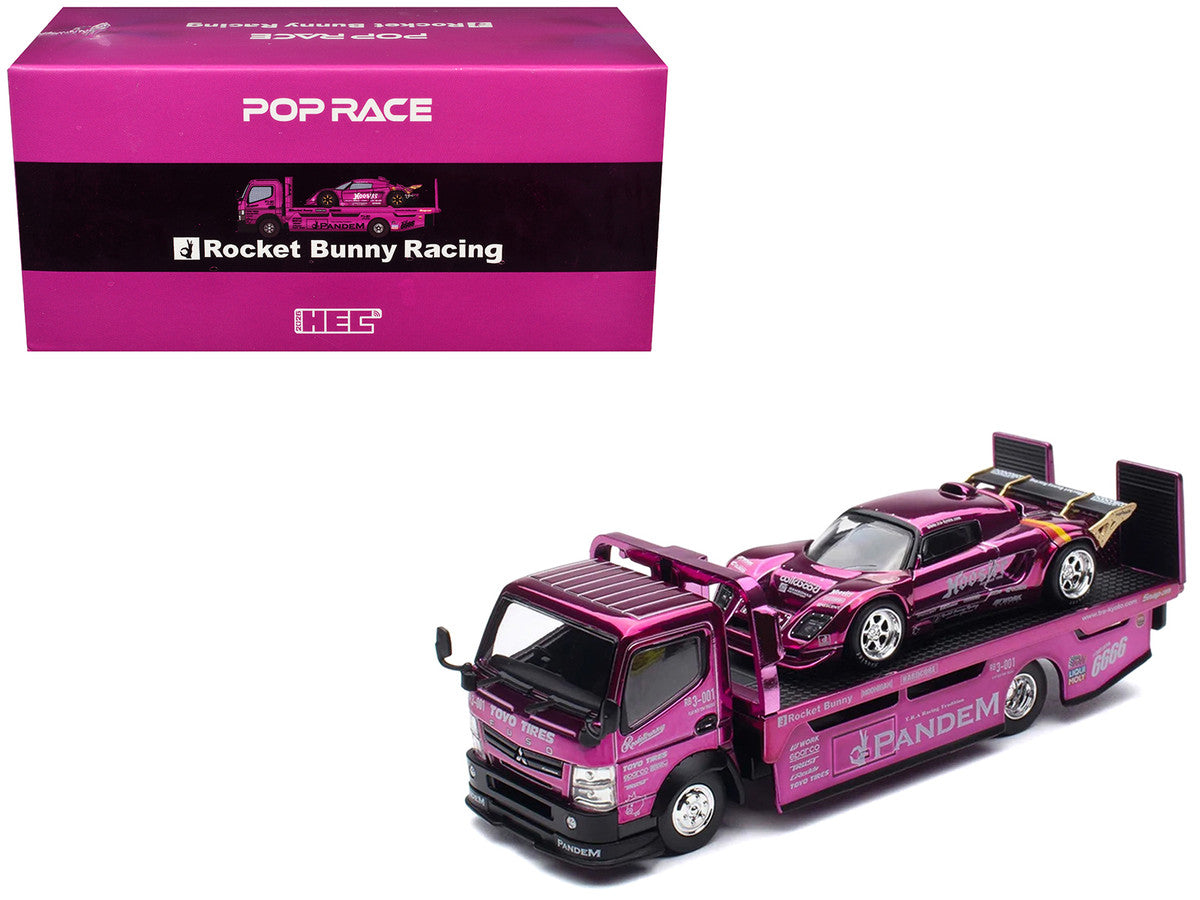Nissan Pandem Fuso-300 Flatbed Truck RHD (Right Hand Drive) Purple Chrome and Lotus Pandem Elise Purple Chrome with Graphics 2 Car Box Set "Hobby Expo China 2026" 1/64 Diecast Model Car by Pop Race LuxuryLifeWay Online Store