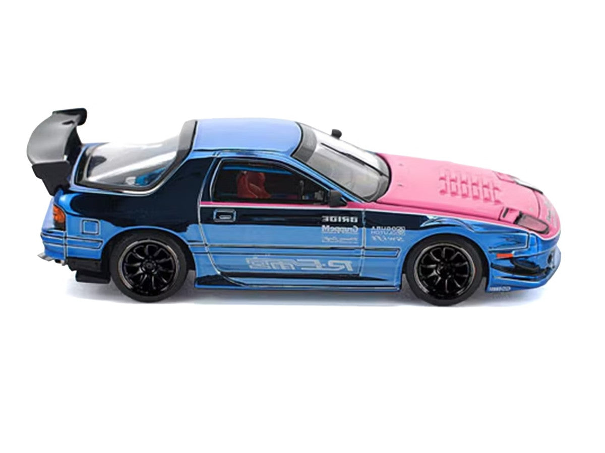 Mazda RX7 (FC3S) RE Amemiya RHD (Right Hand Drive) Blue Chrome with Pink Hood "Street 7 Chrome" 1/64 Diecast Model Car by Pop Race LuxuryLifeWay Online Store
