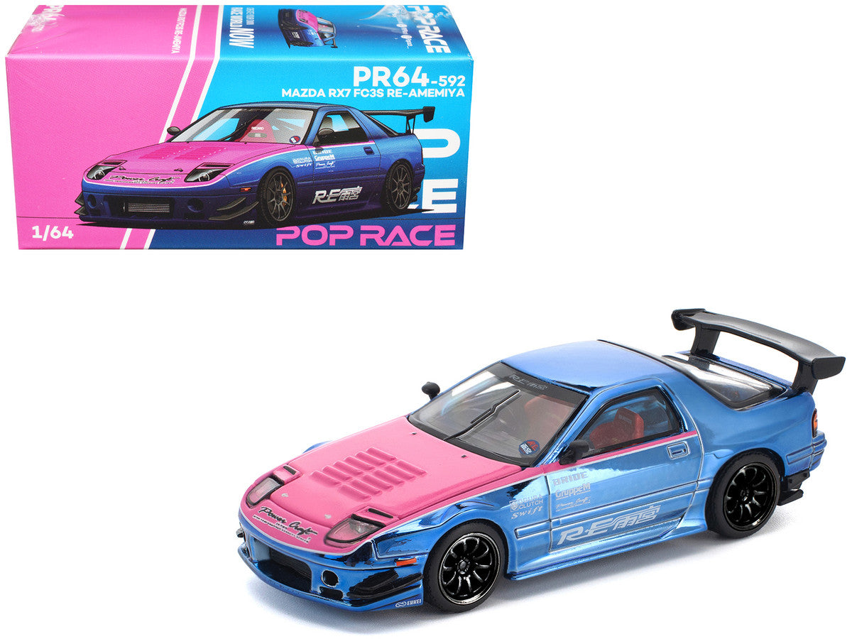 Mazda RX7 (FC3S) RE Amemiya RHD (Right Hand Drive) Blue Chrome with Pink Hood "Street 7 Chrome" 1/64 Diecast Model Car by Pop Race LuxuryLifeWay Online Store