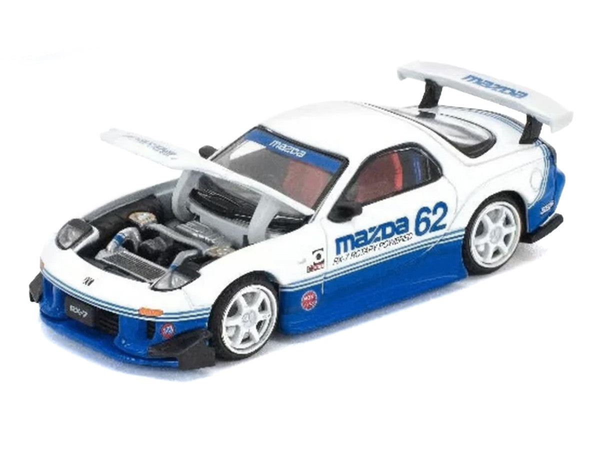 Mazda RX7 RE-Amemiya RHD (Right Hand Drive) #62 White and Blue with Graphics "Enigma Exclusive Edition" 1/64 Diecast Model Car by Pop Race LuxuryLifeWay Online Store
