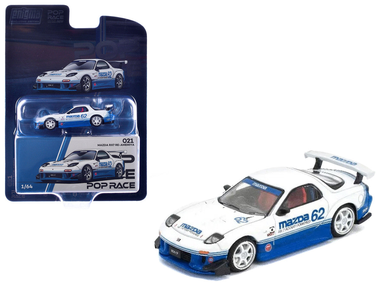 Mazda RX7 RE-Amemiya RHD (Right Hand Drive) #62 White and Blue with Graphics "Enigma Exclusive Edition" 1/64 Diecast Model Car by Pop Race LuxuryLifeWay Online Store