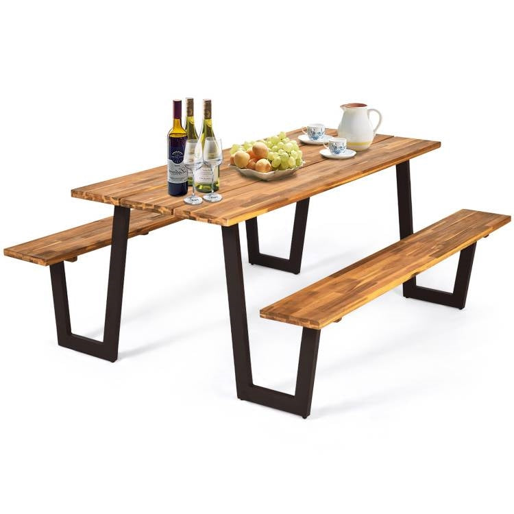 Modern Wooden Picnic Table with 2 Benches Outdoor Patio Dining Set LuxuryLifeWay Online Store