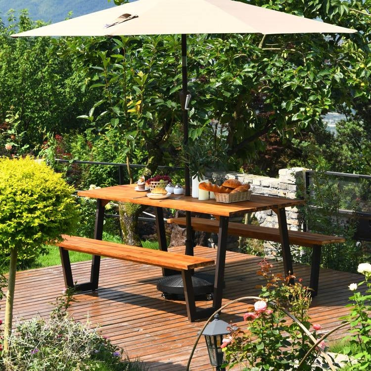 Modern Wooden Picnic Table with 2 Benches Outdoor Patio Dining Set LuxuryLifeWay Online Store
