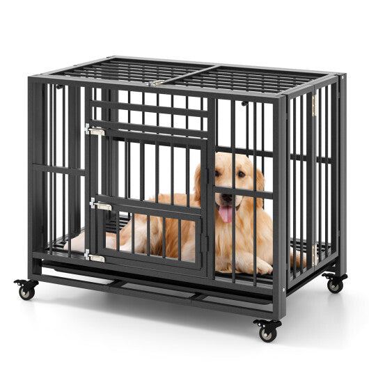 Foldable Heavy-Duty Metal Dog Cage Chew-proof Dog Crate with Lockable Universal Wheels LuxuryLifeWay Online Store