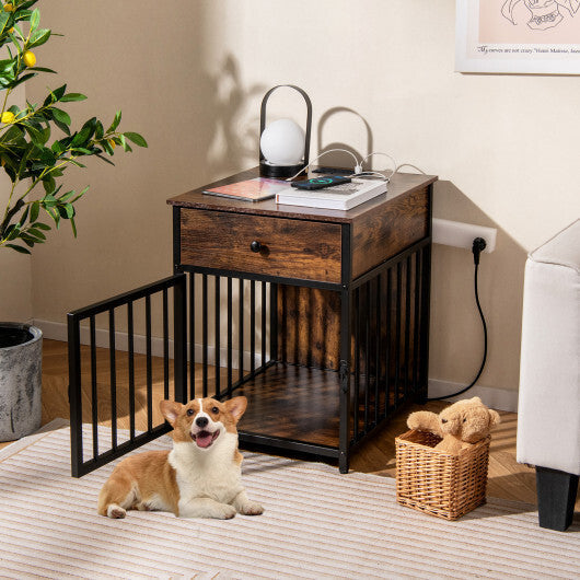 Dog Crate Furniture for Small Dogs Wooden Puppy Kennel with Charging Station-Rustic Brown LuxuryLifeWay Online Store