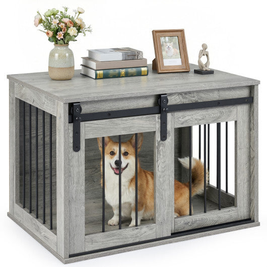 Dog Crate Furniture Heavy Duty Dog Kennel with Sliding Barn Door-Gray LuxuryLifeWay Online Store