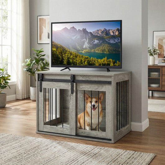 Dog Crate Furniture Heavy Duty Dog Kennel with Sliding Barn Door-Gray LuxuryLifeWay Online Store