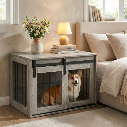 Dog Crate Furniture Heavy Duty Dog Kennel with Sliding Barn Door-Gray LuxuryLifeWay Online Store