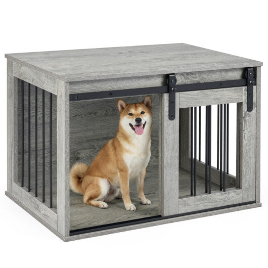 Dog Crate Furniture Heavy Duty Dog Kennel with Sliding Barn Door-Gray LuxuryLifeWay Online Store