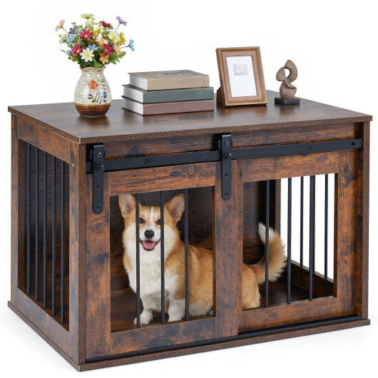 Dog Crate Furniture Heavy Duty Dog Kennel with Sliding Barn Door-Gray LuxuryLifeWay Online Store