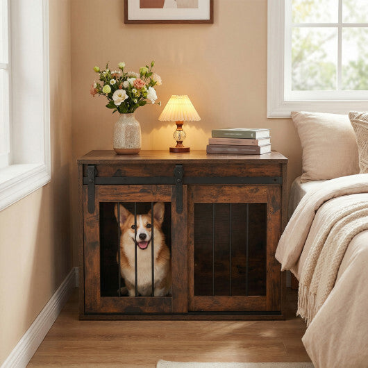 Dog Crate Furniture Heavy Duty Dog Kennel with Sliding Barn Door-Gray LuxuryLifeWay Online Store