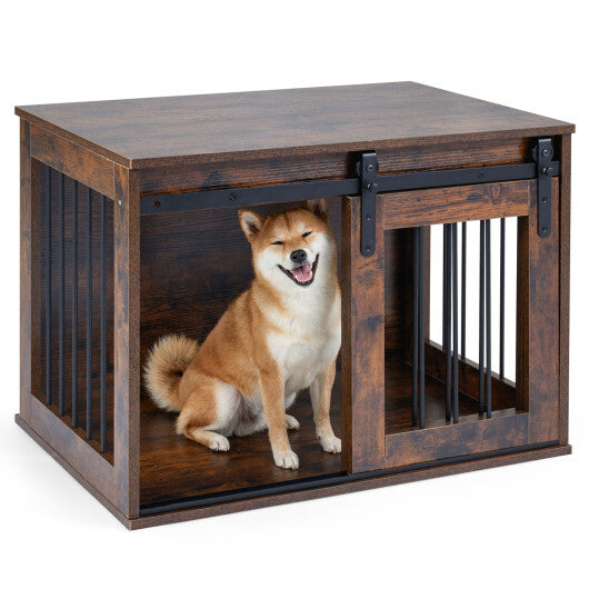 Dog Crate Furniture Heavy Duty Dog Kennel with Sliding Barn Door-Gray LuxuryLifeWay Online Store
