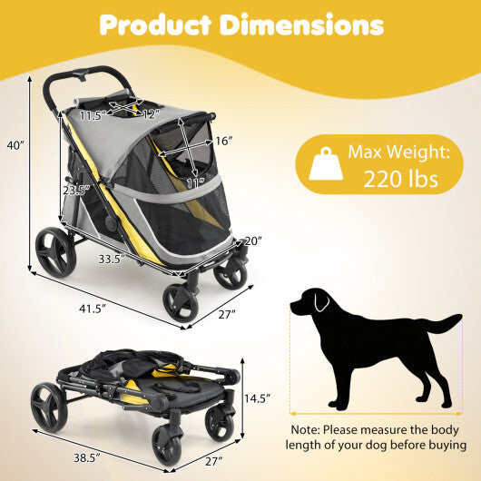 220 LBS Heavy Duty Dog Stroller for Large and Medium Dogs with One-Step Foot Brake and Top & Front Windows-Yellow LuxuryLifeWay Online Store