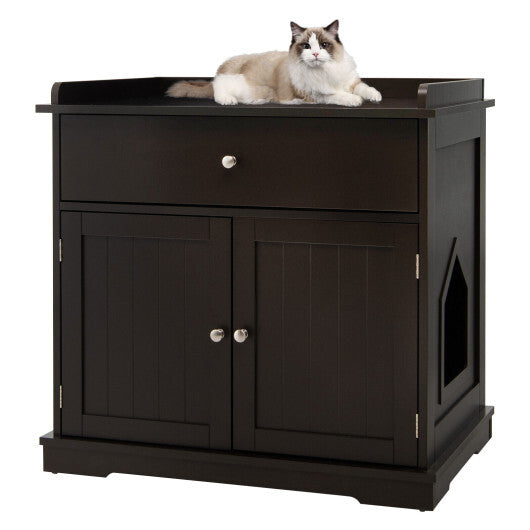 Wooden Cat Litter Box Enclosure with Drawer Side Table Furniture-White