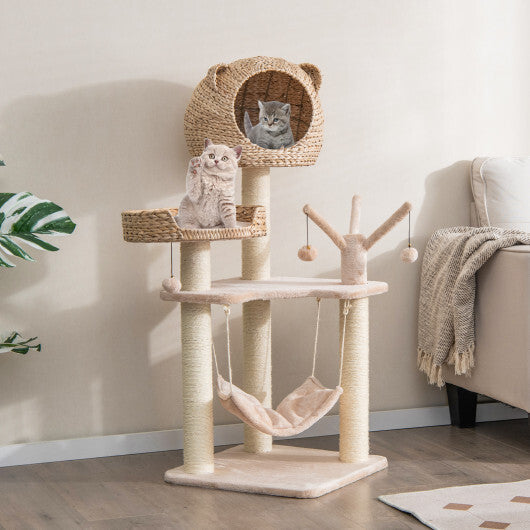 Multi-Level Cat Tree with Condo Hammock and Rotatable Hanging Balls-Natural LuxuryLifeWay Online Store