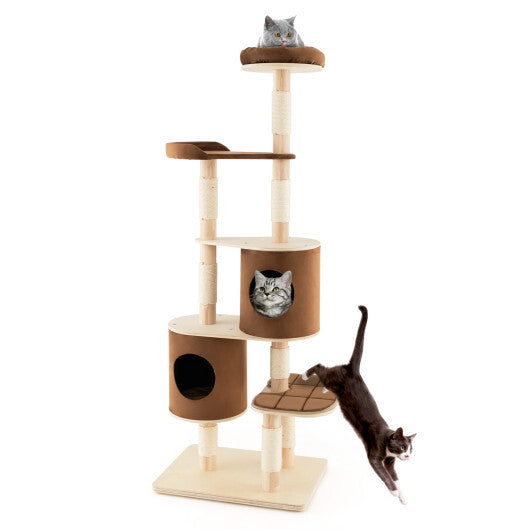 6-Tier Wooden Cat Tree with 2 Removeable Condos Platforms and Perch-Brown LuxuryLifeWay Online Store