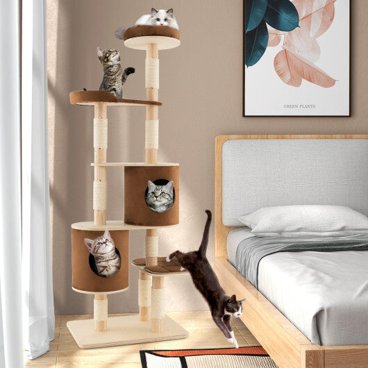 6-Tier Wooden Cat Tree with 2 Removeable Condos Platforms and Perch-Brown LuxuryLifeWay Online Store