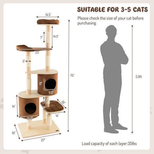 6-Tier Wooden Cat Tree with 2 Removeable Condos Platforms and Perch-Brown LuxuryLifeWay Online Store