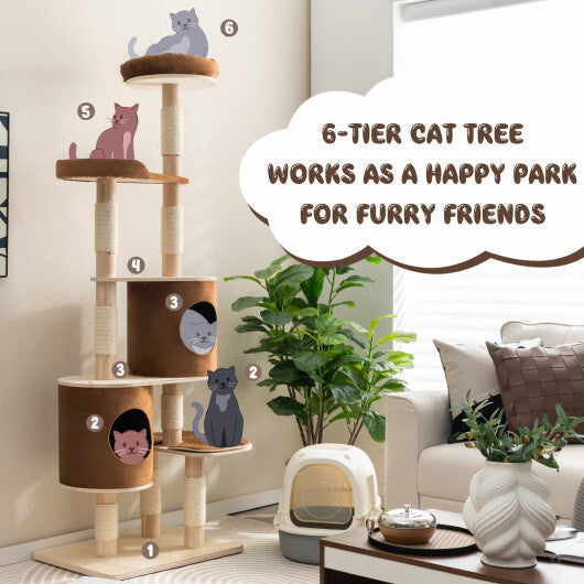 6-Tier Wooden Cat Tree with 2 Removeable Condos Platforms and Perch-Brown LuxuryLifeWay Online Store