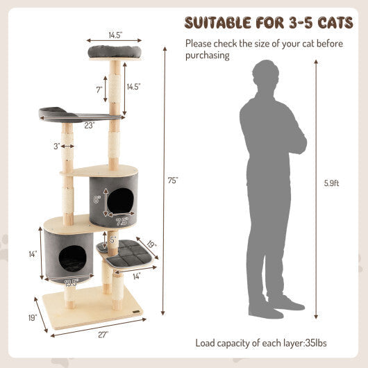 6-Tier Wooden Cat Tree with 2 Removeable Condos Platforms and Perch-Brown LuxuryLifeWay Online Store