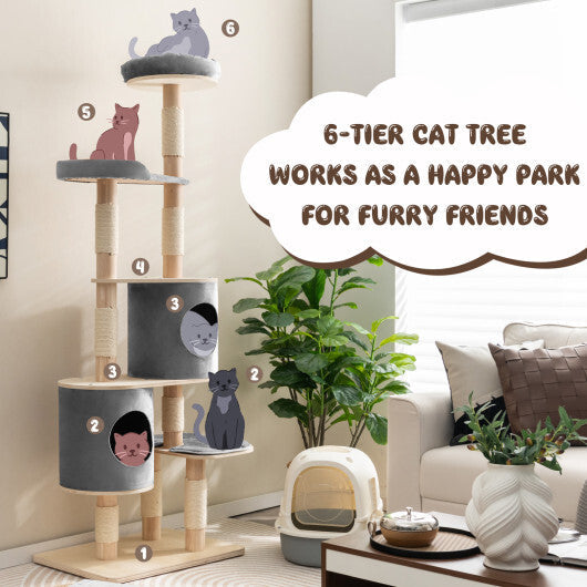 6-Tier Wooden Cat Tree with 2 Removeable Condos Platforms and Perch-Brown LuxuryLifeWay Online Store