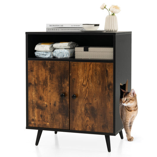 Industrial Cat Litter Box Enclosure with Entry and Open Compartment-Brown LuxuryLifeWay Online Store