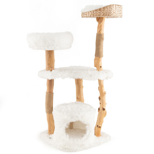 Solid Wood Cat Tower with Top Cattail Basket Cat Bed for Indoor Cats-White LuxuryLifeWay Online Store