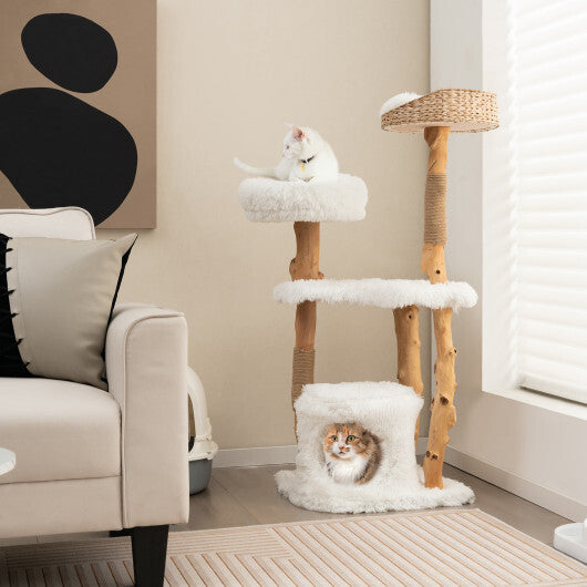 Solid Wood Cat Tower with Top Cattail Basket Cat Bed for Indoor Cats-White LuxuryLifeWay Online Store