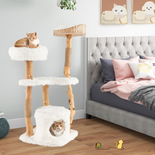 Solid Wood Cat Tower with Top Cattail Basket Cat Bed for Indoor Cats-White LuxuryLifeWay Online Store
