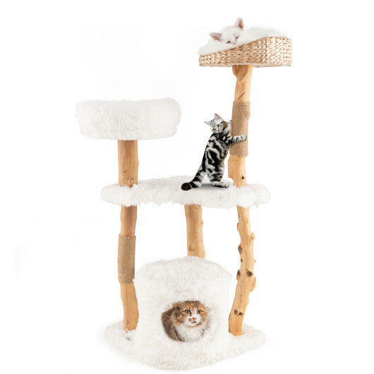 Solid Wood Cat Tower with Top Cattail Basket Cat Bed for Indoor Cats-White LuxuryLifeWay Online Store